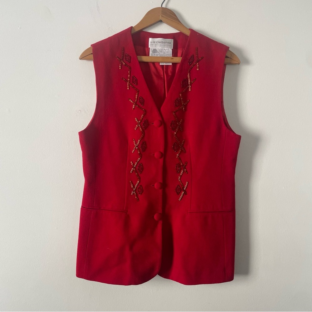 Vintage 90s Liz Claiborne Red Beaded Wool Button Front Vest Size Small Petite